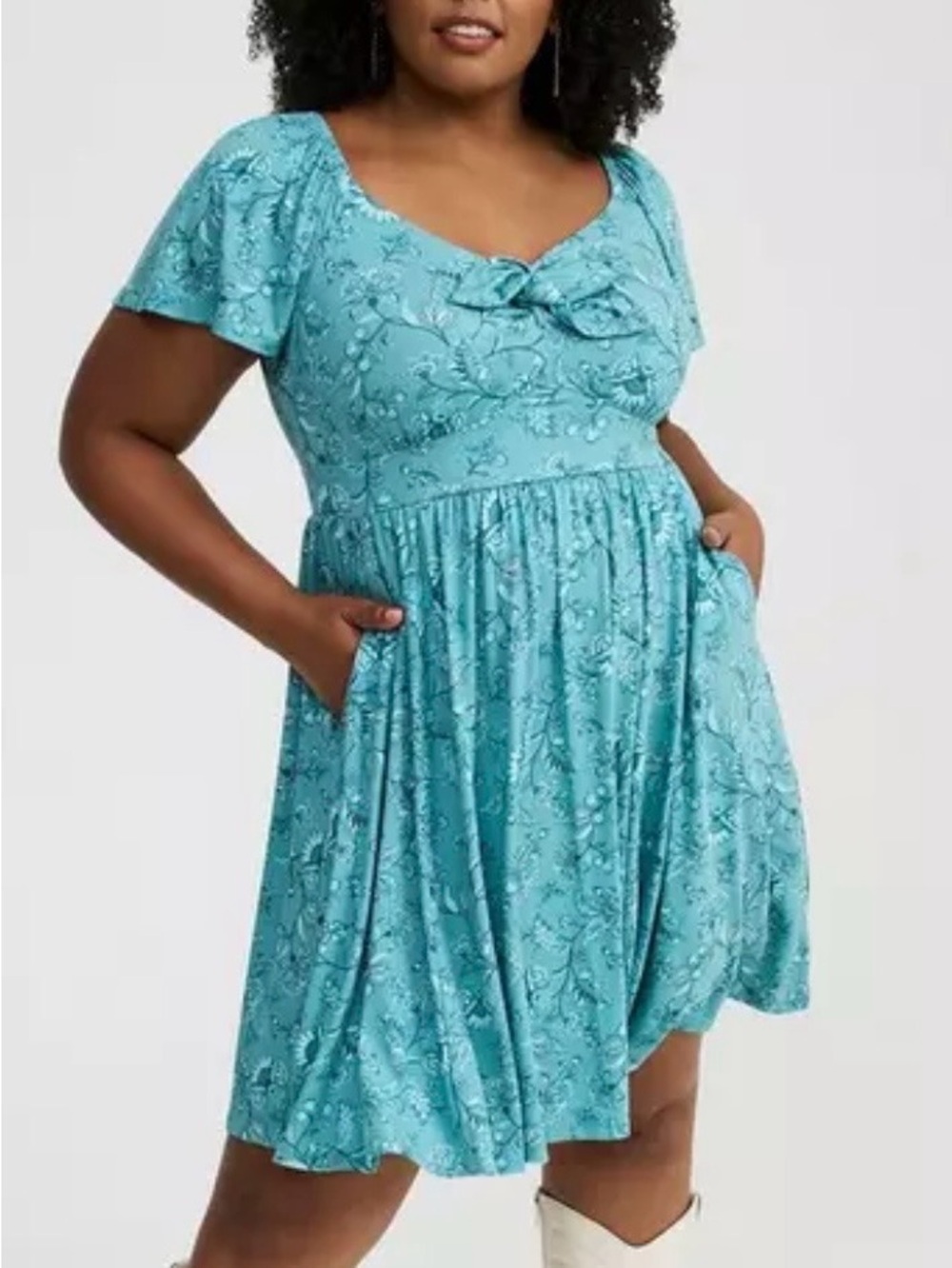 Torrid Mini Flutter Sleeve Tie Front Empire Waist Dress Floral Aqua Blue Size 3
